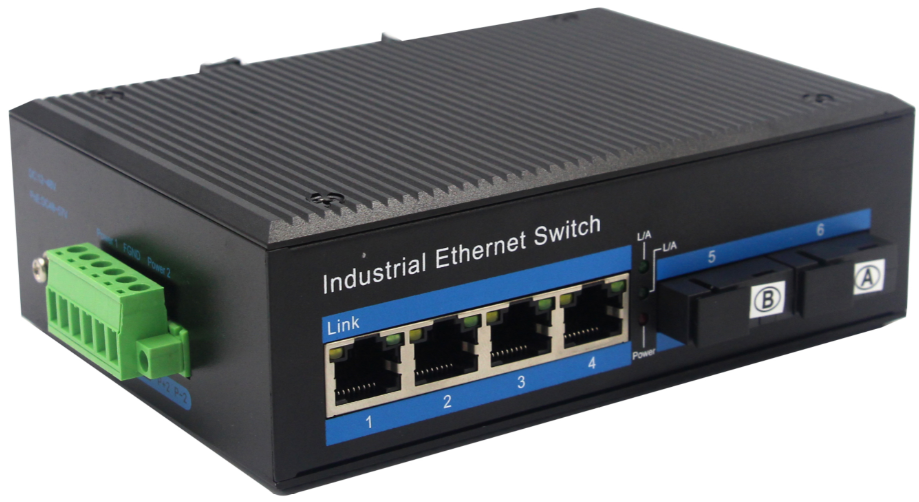 10/100Mbps 4-Port RJ45+2-Port optical (1*9)  industrial switch Din-rail design, Alliuminun Unmanaged Industrial Switch, Dual power supply: DC12~52V  Working temperature：-40℃-80℃ ZXR24F-SC20/A/B