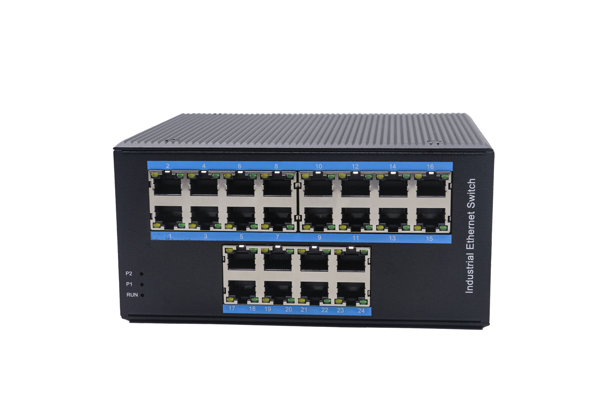 Din-rail design, Alliuminun Unmanaged Industrial Switch,  10/100/1000Mbps 24-Port RJ45, Dual power supply: DC12~52V  Working temperature：-40℃-80℃ ZXD024G