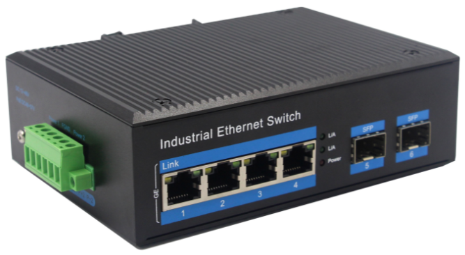 Din-rail design, Alliuminun Unmanaged Industrial Switch,  10/100/1000Mbps 4-Port RJ45+2-Port SFP, Dual power supply: DC12~52V  Working temperature：-40℃-80℃  ZXD24G-SFP