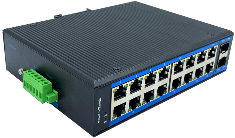 Alliuminun Unmanaged Industrial Switch,  Din-rail design,10/100/1000Mbps 16-Port RJ45+2-Port SFP, DC12~52V,-40℃-80℃ Working temperature ZXD216G-SFP