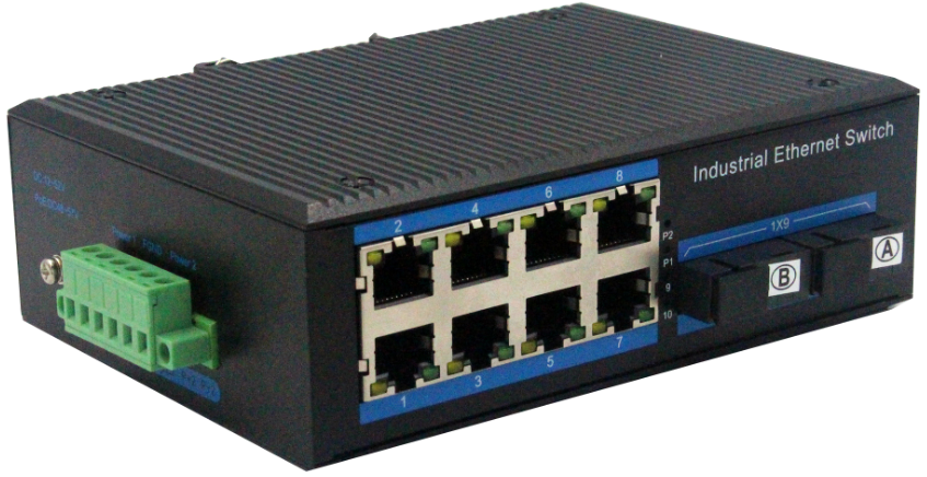 Alliuminun Unmanaged Industrial Switch,  10/100/1000Mbps 8-Port RJ45+2-Port optical 1*9 (Single-Mode (Tx1310nm and Rx1550 for each) ,Single,SC 20km) DC12~52V ZXD28G-SC20/A/B