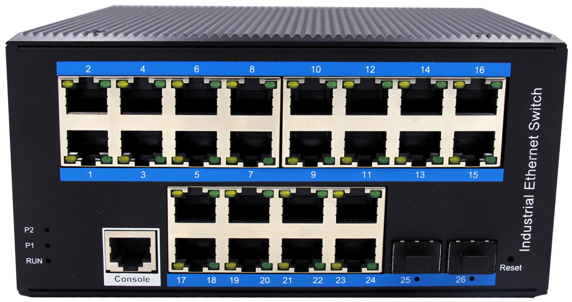 Din-rail design, Alliuminun L2 Managed Industrial Switch,  10/100/1000Mbps 24-Port RJ45+2-Port gigab 