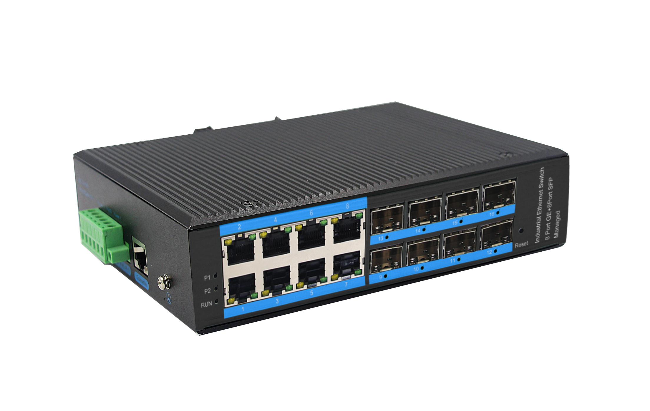 Din-rail design, Alliuminun L2 Managed Industrial Switch,  10/100/1000Mbps 8-Port RJ45+8-Port gigabi 