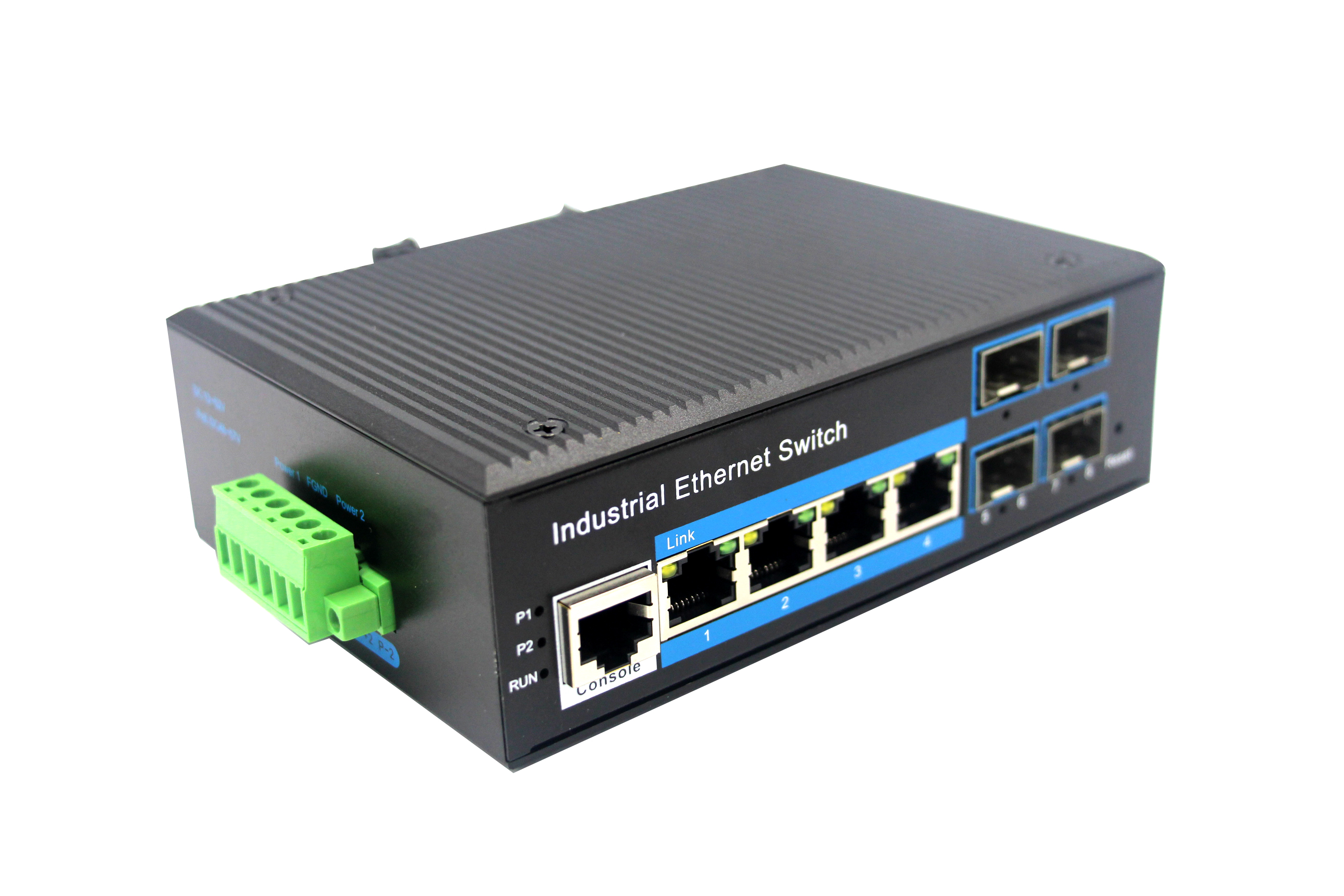 Din-rail design, Alliuminun L2+ Managed Industrial Switch,  10/100/1000Mbps 4-Port RJ45+4-Port gigabit SFP,DC12~52V -40 ℃-80℃ ZX44BGS-SFP 