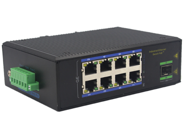 Din-rail design, Alliuminun Unmanaged Industrial Switch,  10/100/1000Mbps 8-Port RJ45+1-Port optical 1*9 (Single-Mode (1310nm) ,Dual,SC 20km) ,DC48~57V -40 ℃-80℃, 8 port PoE ZXD18GP-SC20