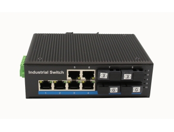 Alliuminun Unmanaged Industrial Switch,  10/100/1000Mbps 6-Port RJ45+4-Port optical 1*9 (Single-Mode (1310nm) ,Dual,SC 20km) ,DC48~57V -40 ℃-80℃,  4 port PoE ZXD46GP-SC20
